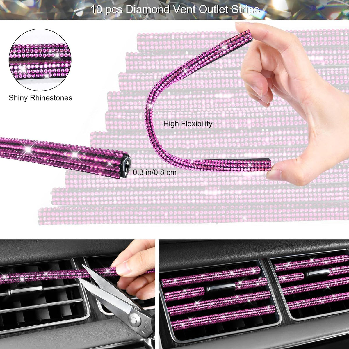 30Piece Bling Car Accessories Set - Universal Fit Steering Wheel Covers, License Plate Frames, Phone Holder, Car Fast Charger, Coasters rose pink