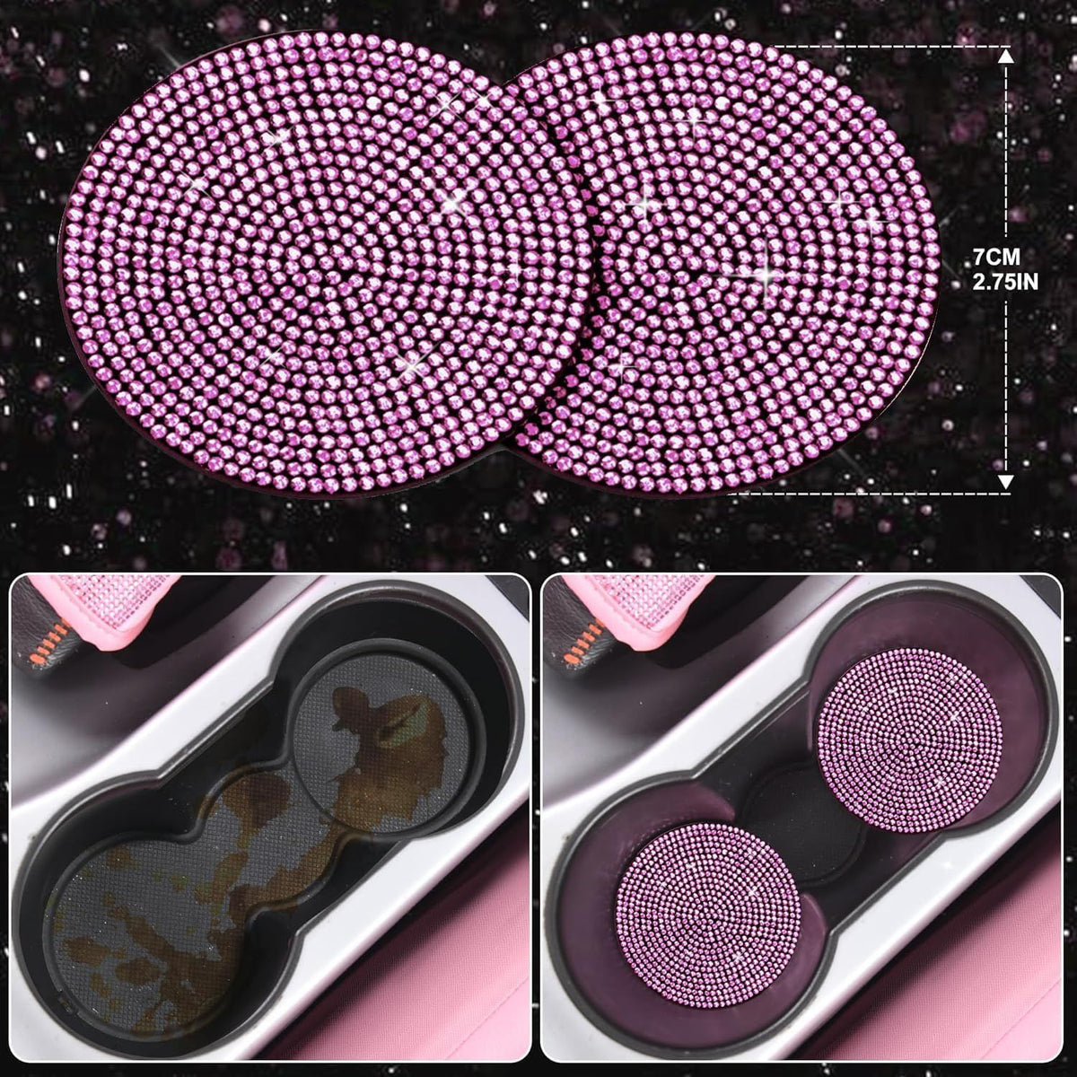 30Piece Bling Car Accessories Set - Universal Fit Steering Wheel Covers, License Plate Frames, Phone Holder, Car Fast Charger, Coasters rose pink