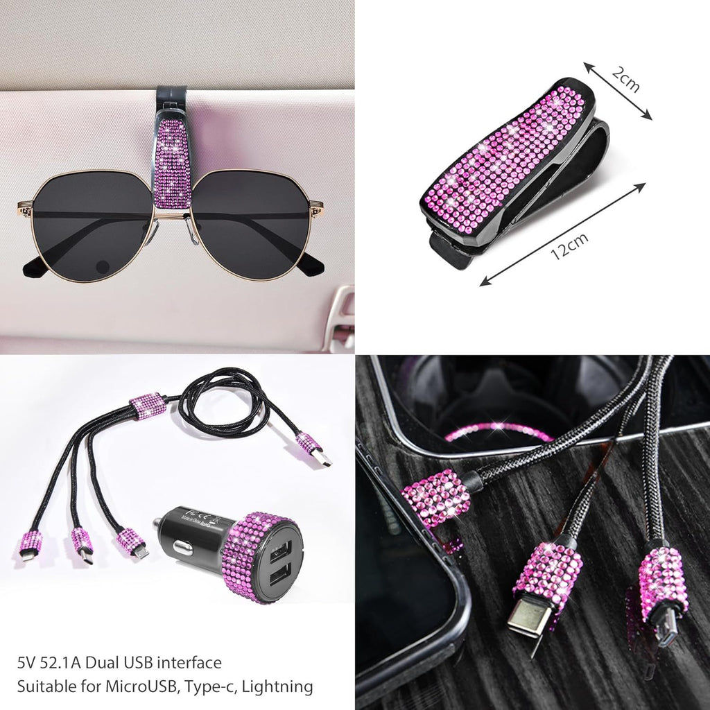 30Piece Bling Car Accessories Set - Universal Fit Steering Wheel Covers, License Plate Frames, Phone Holder, Car Fast Charger, Coasters rose pink