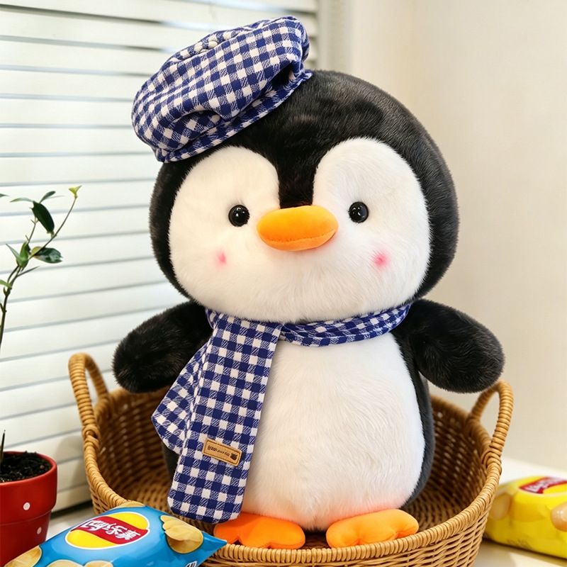 23cm Blue Grid Cute Penguin Plush Toy with Hat, Plush Animal Doll, Cute Penguin Toy, Christmas Gift, Birthday Gift, Home Decoration