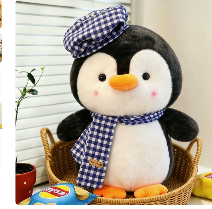 23cm Blue Grid Cute Penguin Plush Toy with Hat, Plush Animal Doll, Cute Penguin Toy, Christmas Gift, Birthday Gift, Home Decoration