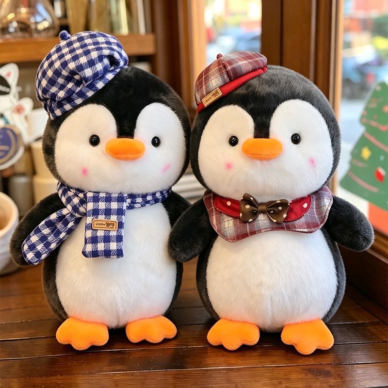 23cm red checkered cute penguin plush toy with hat, plush animal doll, cute penguin toy, Christmas gift, birthday gift, home decoration