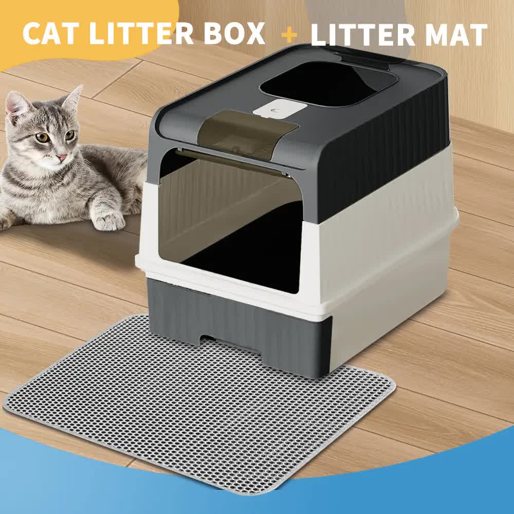 Huge Cat Litter Box Bundle with Free Litter Mat & Scoop,Drawer Type Enclosed Potty, Anti-Splashing Cat Toilet Cleaning Kit for Big Cats