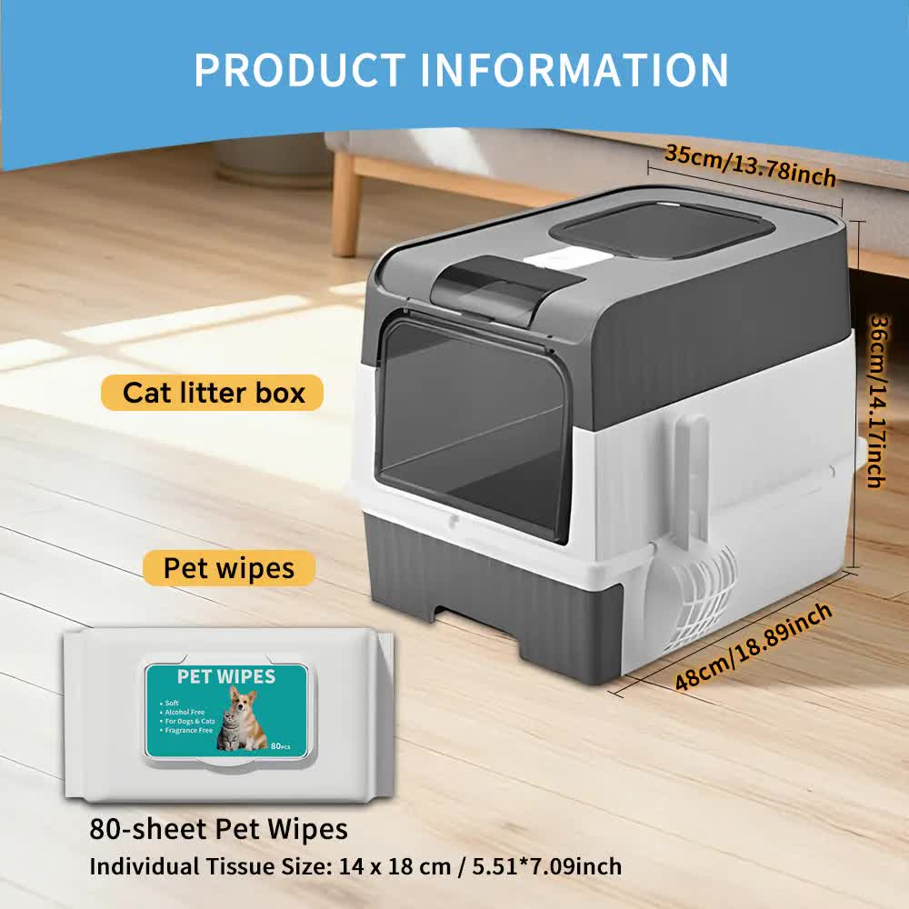 Huge Cat Litter Box Bundle with Free 80 Pet Wipes & Scoop, Drawer Type Enclosed Potty, Anti-Splashing Cat Toilet Kit for Big Cats