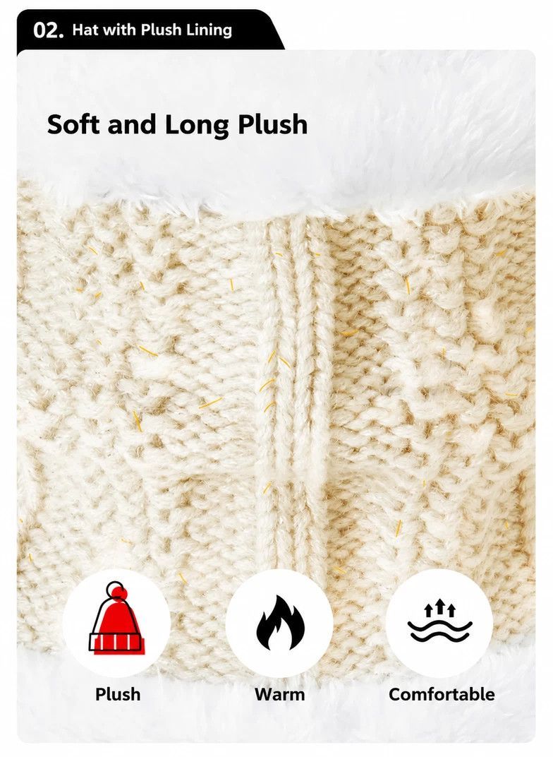 Warm Holiday Ski Essential Plush Lined Knitted Hat 3 Set Beige, Versatile Matching Wear For Ski Adventures
