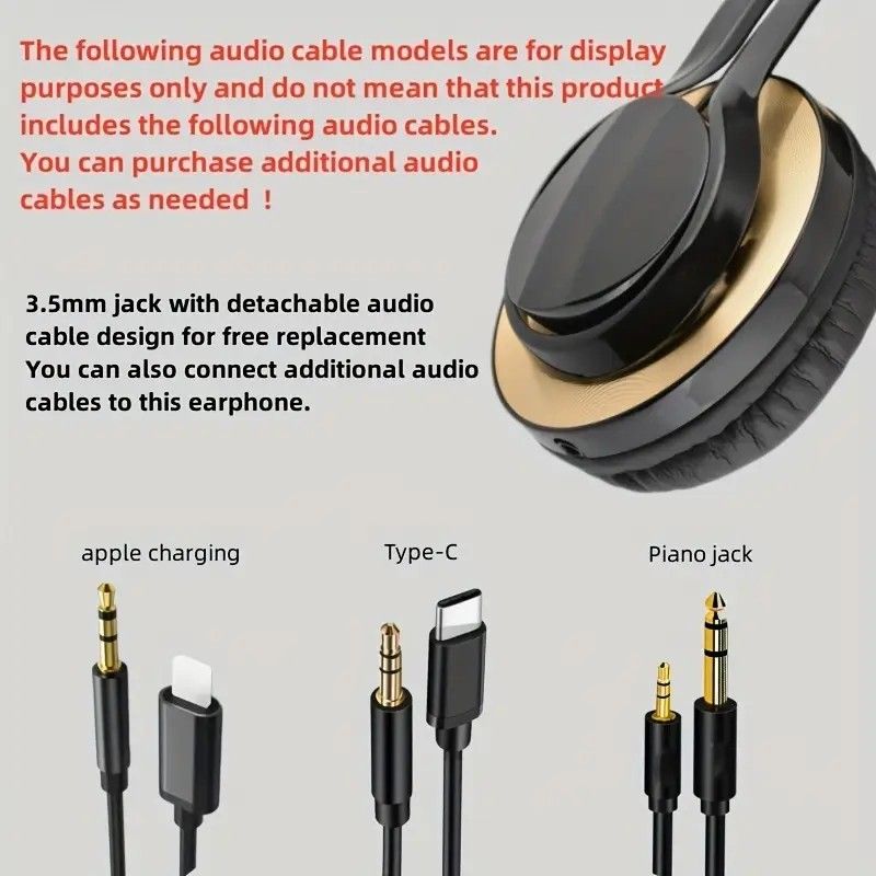 Wired Over-Ear Headset, Portable Folding Heavy Bass Headphones, Built-in Microphone, Compatible with Multiple Devices(Black gold)