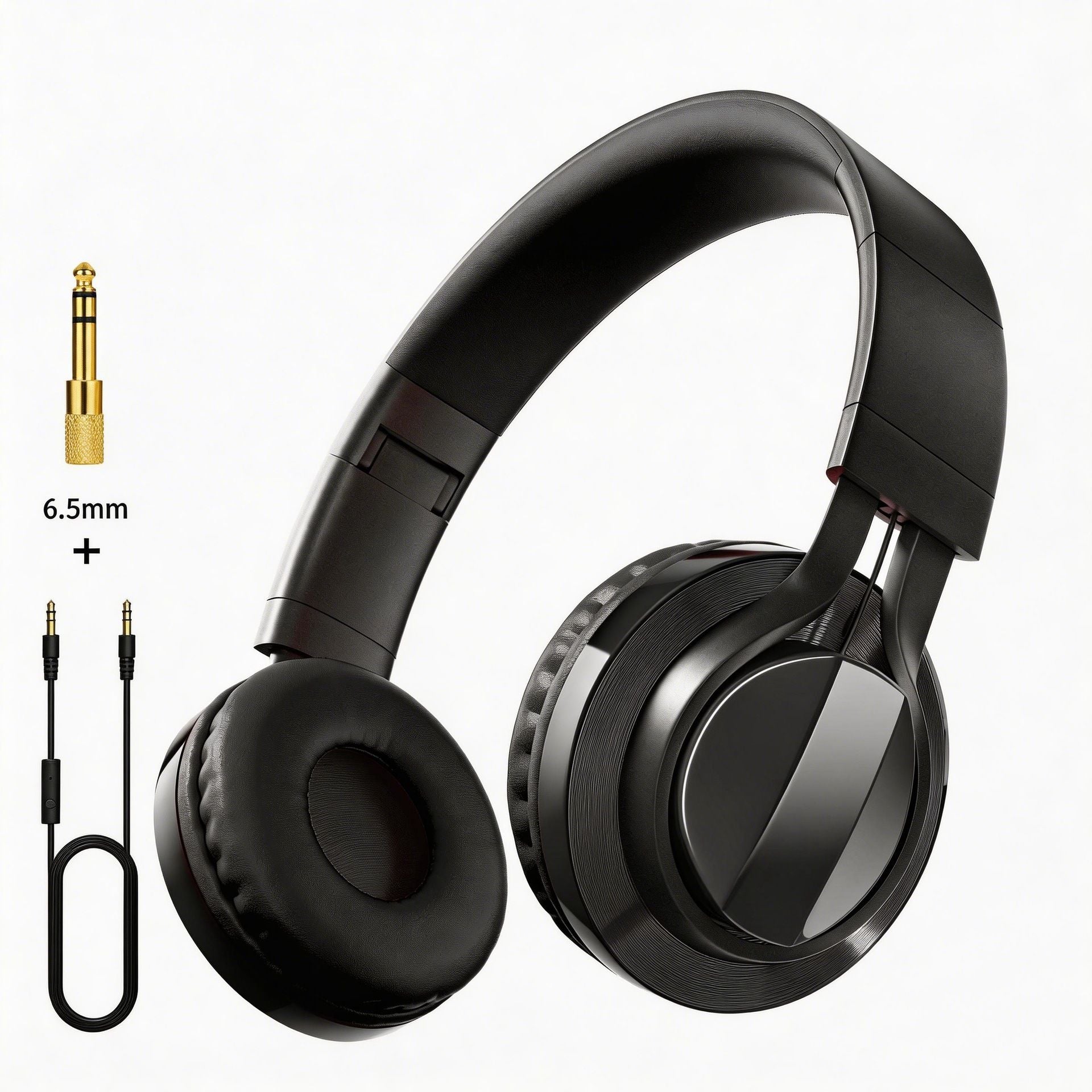 Wired Over-Ear Headset, Portable Folding Heavy Bass Headphones, Built-in Microphone, Compatible with Multiple Devices(Black gold)