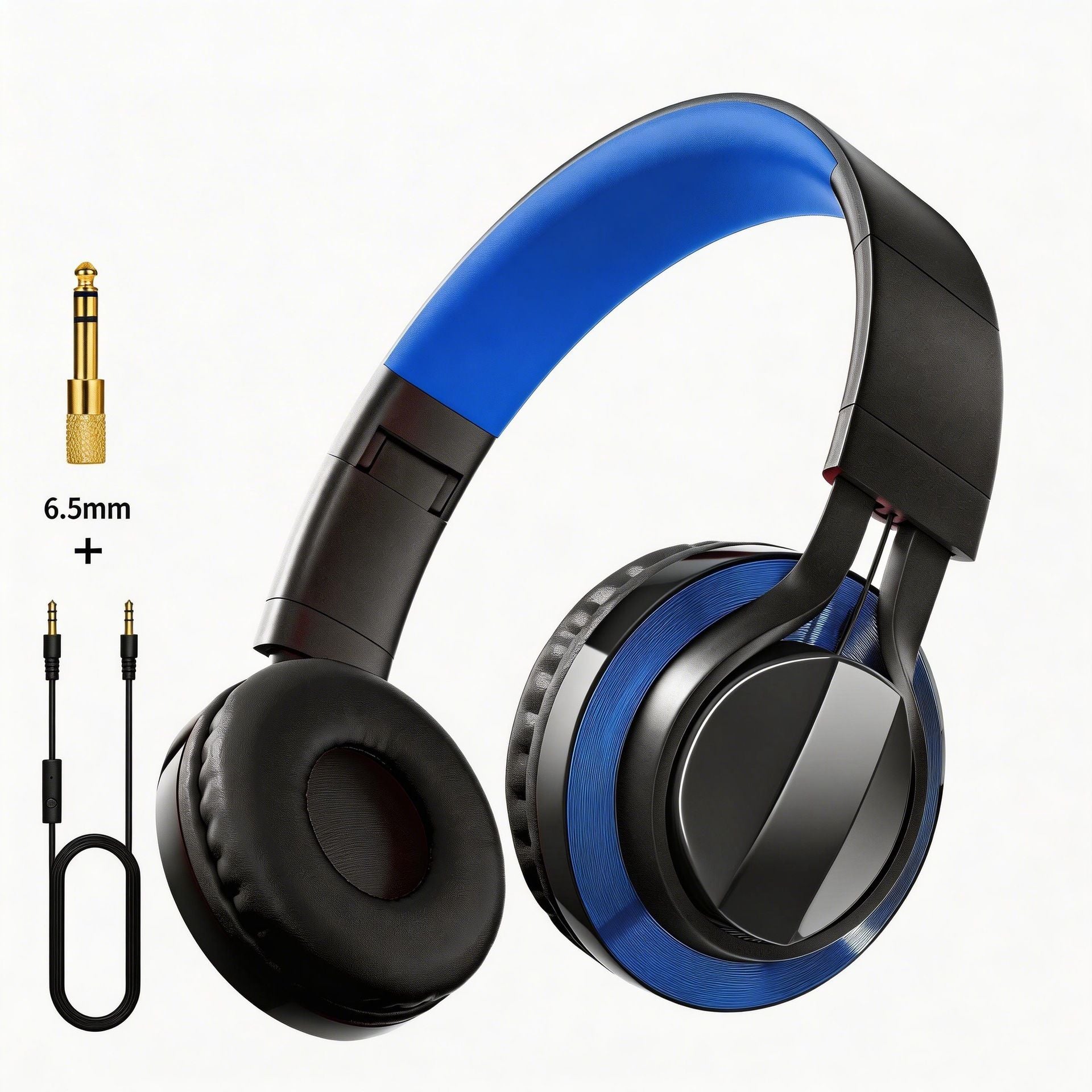 Wired Over-Ear Headset, Portable Folding Heavy Bass Headphones, Built-in Microphone, Compatible with Multiple Devices(Black gold)