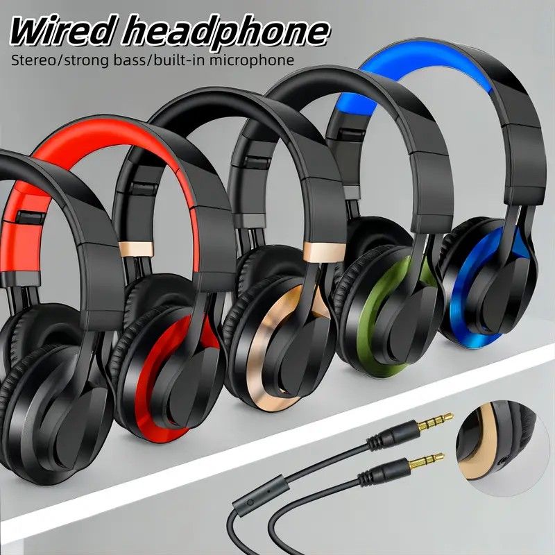 Wired Over-Ear Headset, Portable Folding Heavy Bass Headphones, Built-in Microphone, Compatible with Multiple Devices(black and blue color)