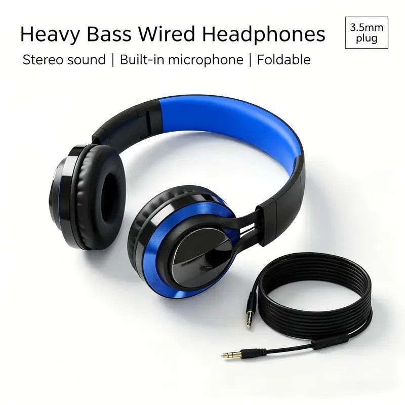 Wired Over-Ear Headset, Portable Folding Heavy Bass Headphones, Built-in Microphone, Compatible with Multiple Devices(black and blue color)