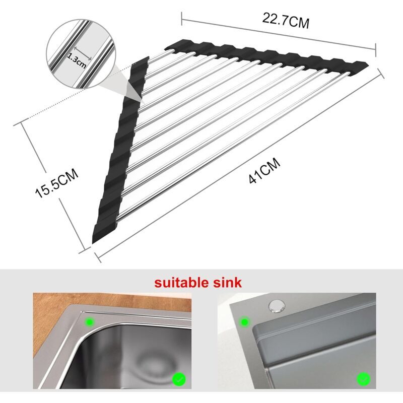2 Pieces Sink Dish Drainer Black Foldable Removable Stainless Steel Sink Roller Drainer Triangular, 41CM, 15CM