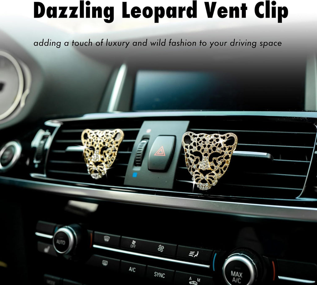 2pcs Bling Leopard Car Air Freshener Vent Clip, Black and Gold Cheetah Print Car Accessories, Sparkly Rhinestones Car Decor for Women