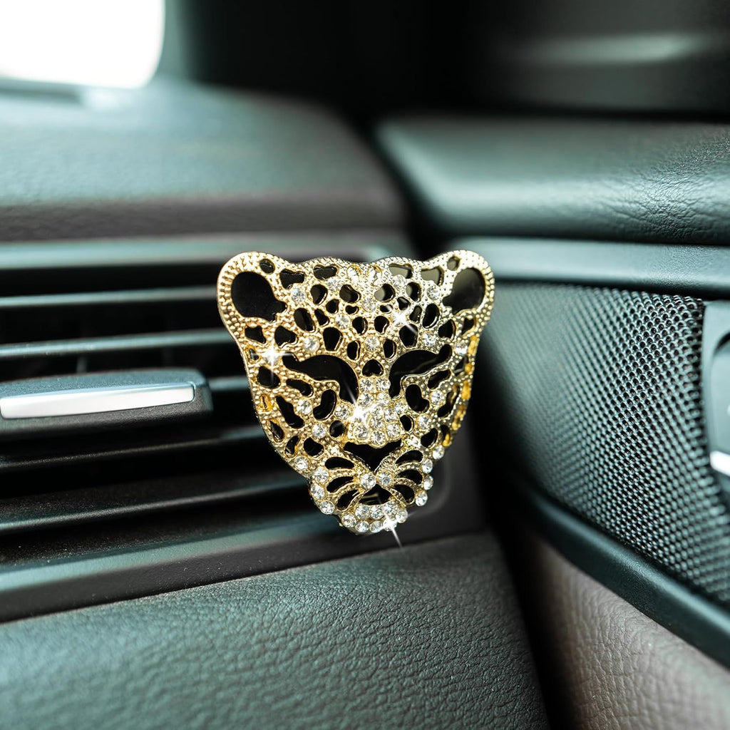 2pcs Bling Leopard Car Air Freshener Vent Clip, Black and Gold Cheetah Print Car Accessories, Sparkly Rhinestones Car Decor for Women