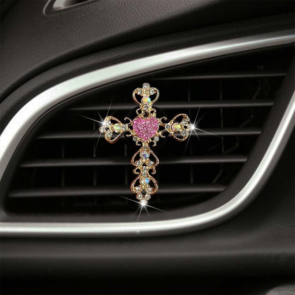 2 Pack Car Vent Clips,Crystal Cross and Heart Air Vent Clips,Bling Car Accessories for Women & Girls(Pink)