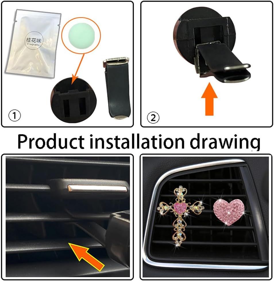 2 Pack Car Vent Clips,Crystal Cross and Heart Air Vent Clips,Bling Car Accessories for Women & Girls(Pink)