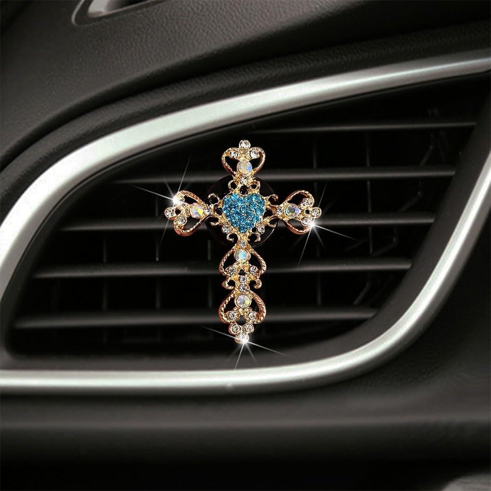 2 Pack Car Vent Clip Bling Car Accessories,Crystal Cross and Heart Car Vent Clip Air Freshener,Car Diffuser Vent Clip Diamond Car Decoration Car Essentials for Women(Blue)