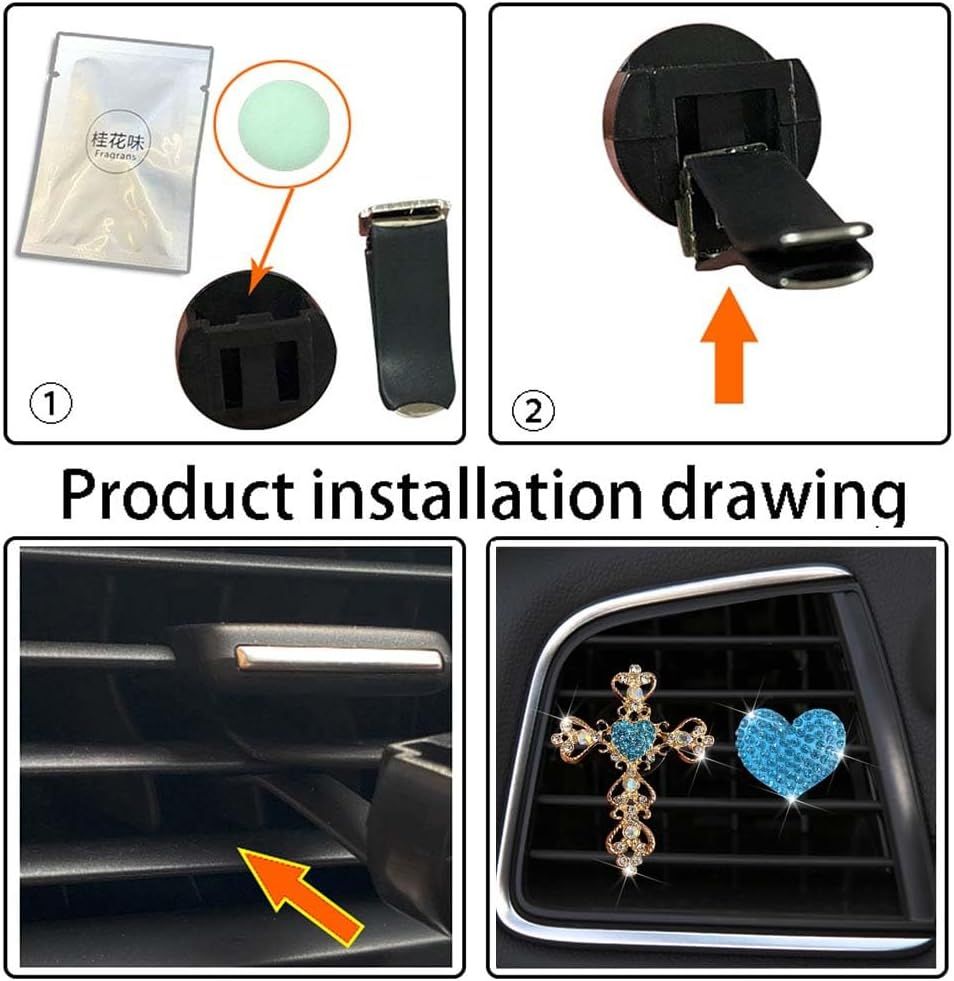 2 Pack Car Vent Clip Bling Car Accessories,Crystal Cross and Heart Car Vent Clip Air Freshener,Car Diffuser Vent Clip Diamond Car Decoration Car Essentials for Women(Blue)