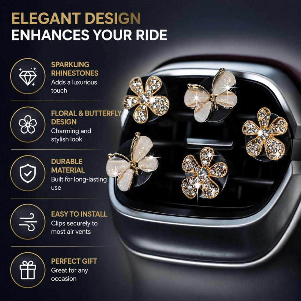 5Pcs Bling Butterfly & Flower Car Air Vent Clips, Rhinestone Car Air Freshener, Luxury Car Interior Decor Accessories for Women