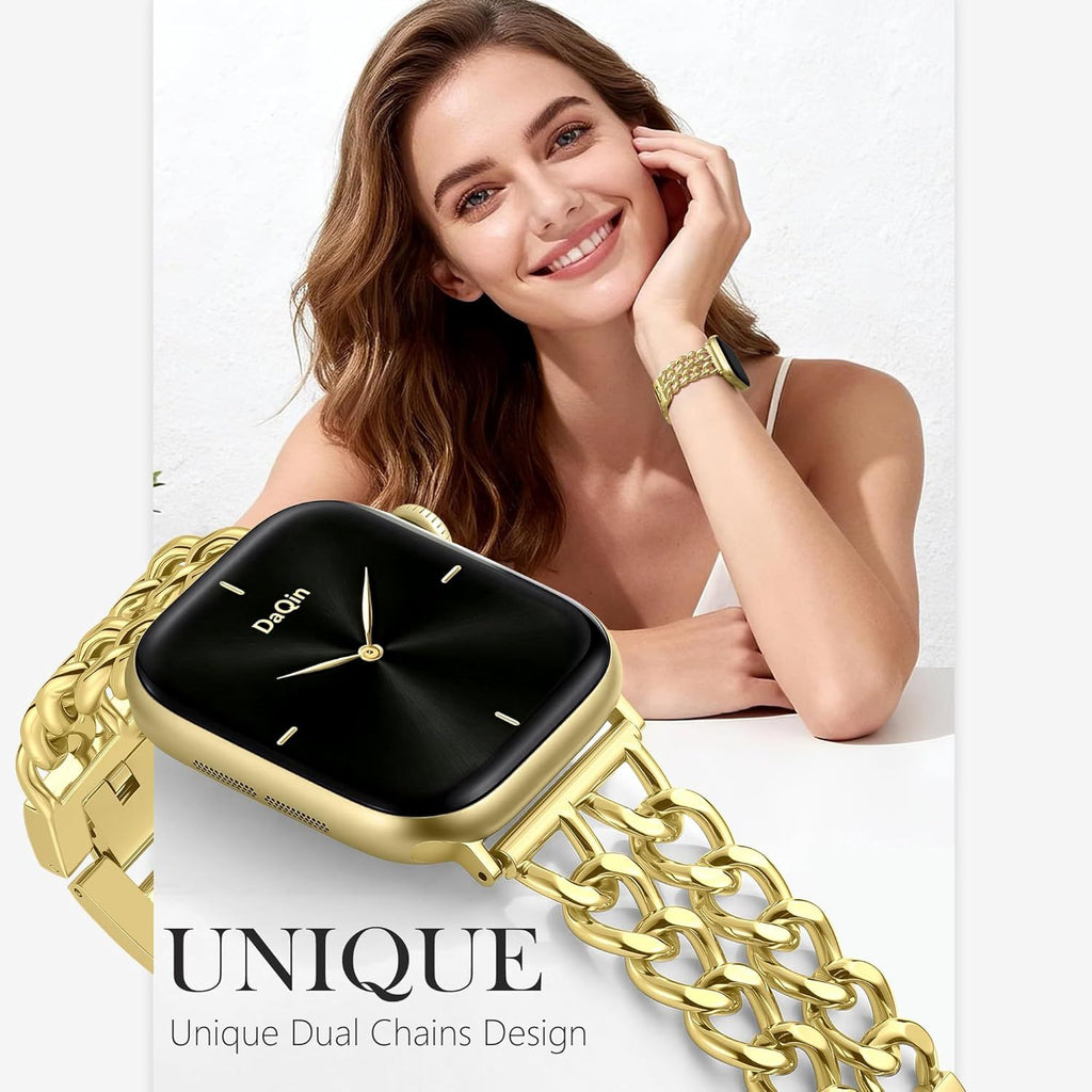 Gold Band Compatible with Apple Watch Bands for Women 40mm 42mm 38mm 41mm 44mm 45mm 46mm, Adjustable Metal Chain Link Bracelet Accessories for iWatch Band Series 11 10 9 8 7 6 5 4 3 2 1(No Case)
