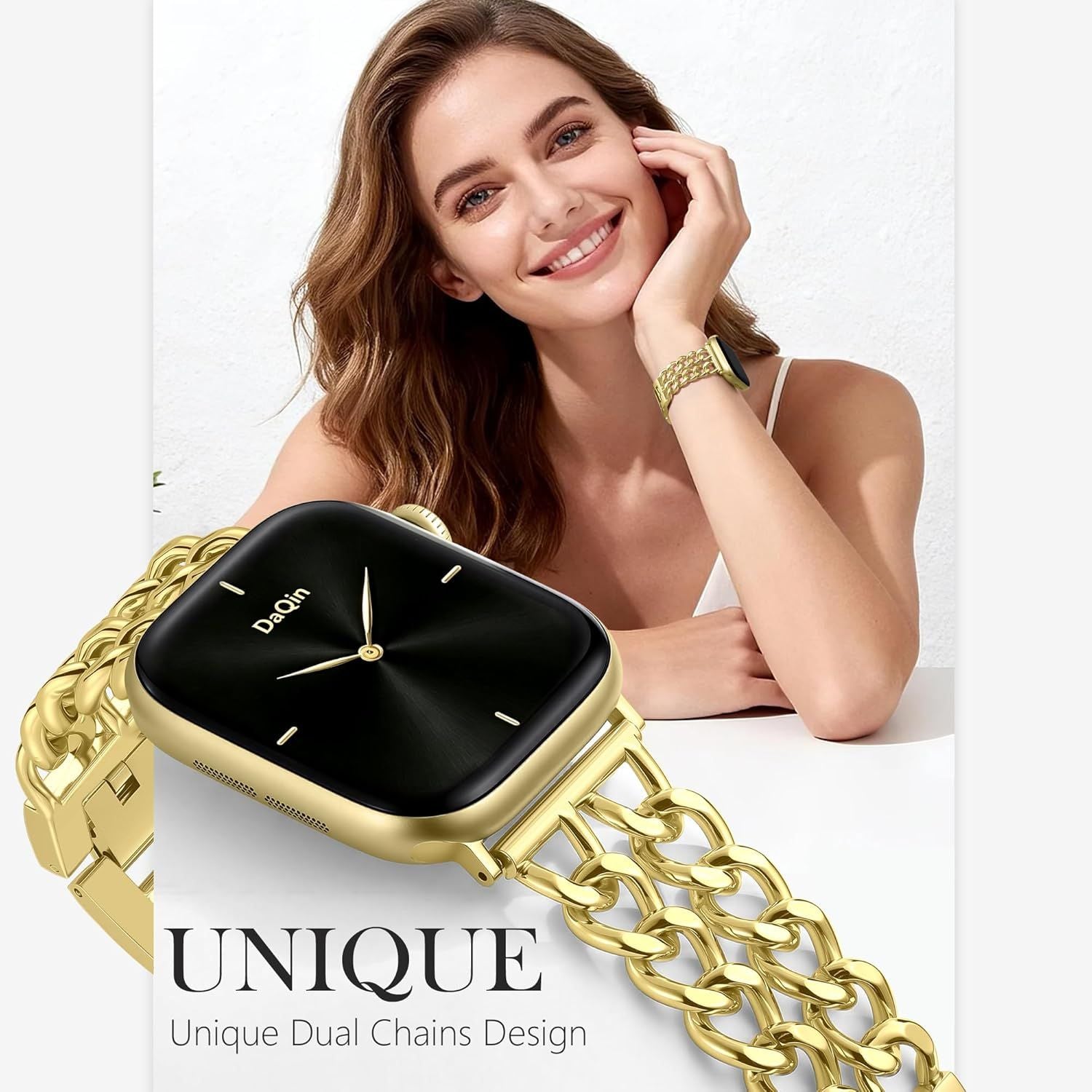 Gold Band Compatible with Apple Watch Bands for Women 40mm 42mm 38mm 41mm 44mm 45mm 46mm, Adjustable Metal Chain Link Bracelet Accessories for iWatch Band Series 11 10 9 8 7 6 5 4 3 2 1(No Case)