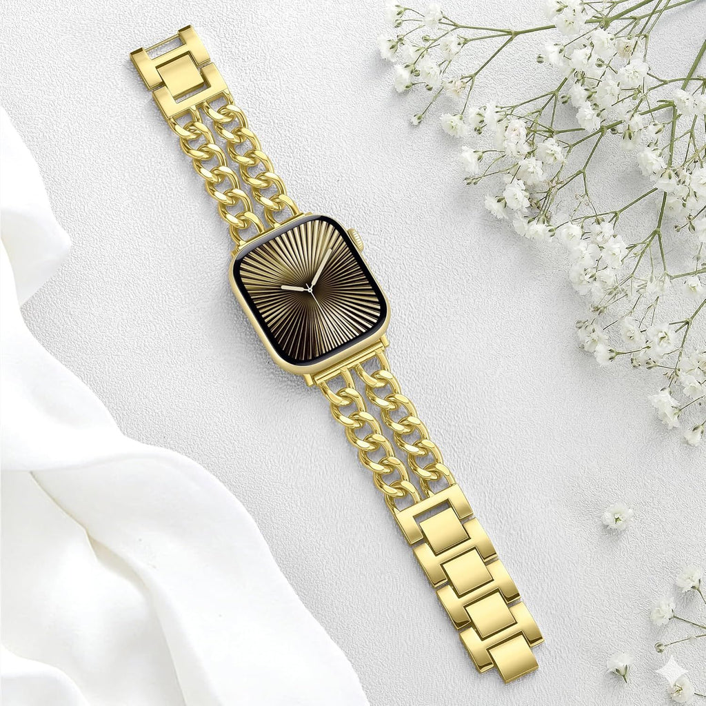 Gold Band Compatible with Apple Watch Bands for Women 40mm 42mm 38mm 41mm 44mm 45mm 46mm, Adjustable Metal Chain Link Bracelet Accessories for iWatch Band Series 11 10 9 8 7 6 5 4 3 2 1(No Case)