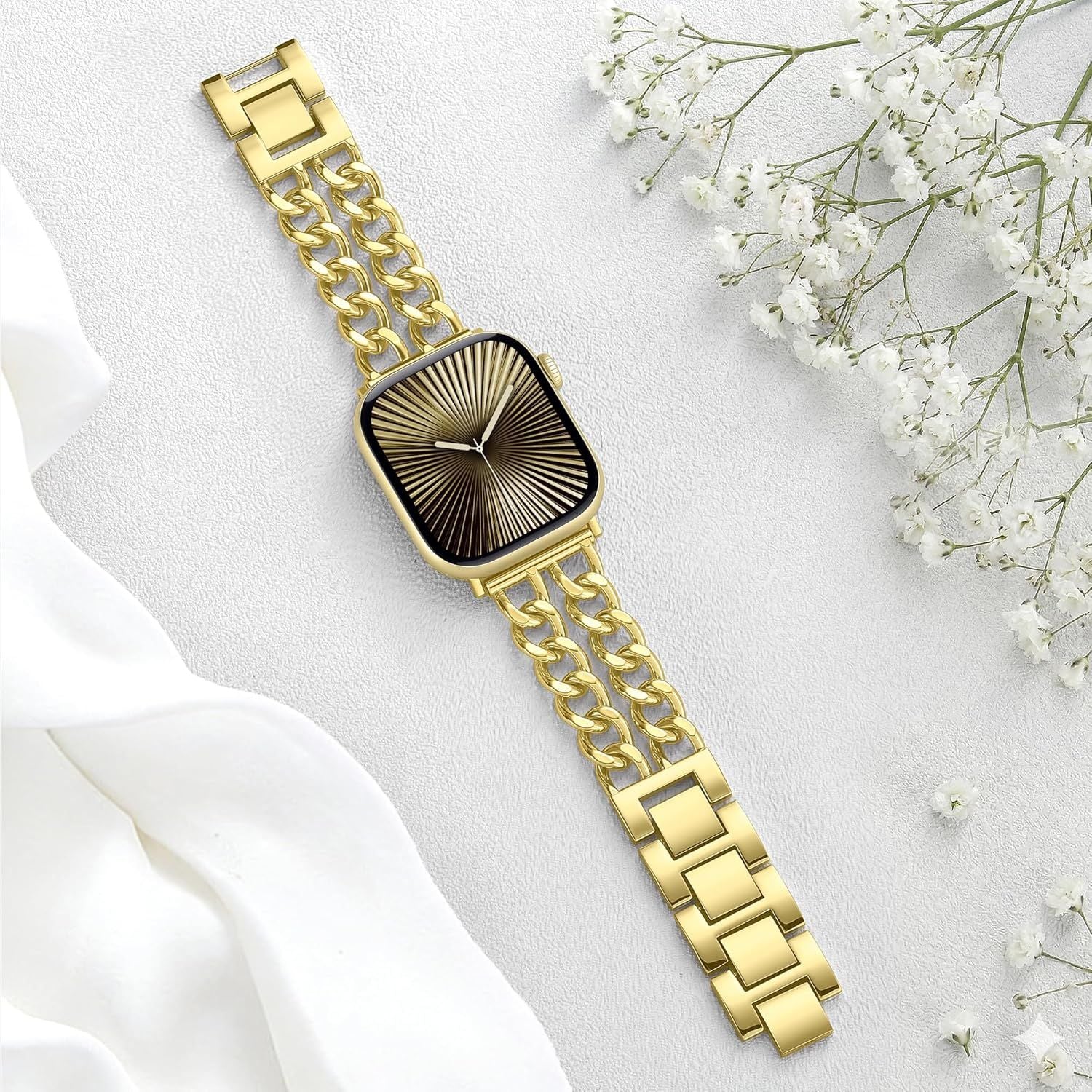 Gold Band Compatible with Apple Watch Bands for Women 40mm 42mm 38mm 41mm 44mm 45mm 46mm, Adjustable Metal Chain Link Bracelet Accessories for iWatch Band Series 11 10 9 8 7 6 5 4 3 2 1(No Case)
