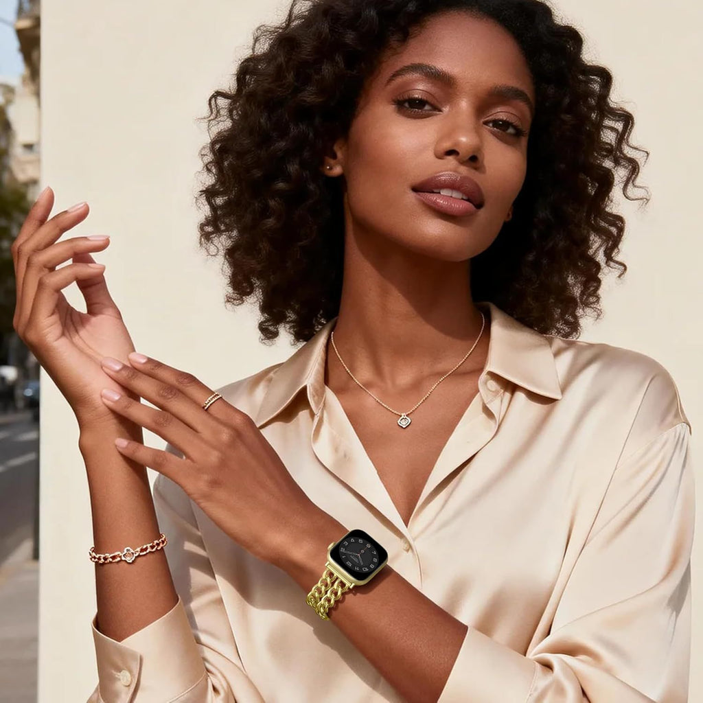 Gold Band Compatible with Apple Watch Bands for Women 40mm 42mm 38mm 41mm 44mm 45mm 46mm, Adjustable Metal Chain Link Bracelet Accessories for iWatch Band Series 11 10 9 8 7 6 5 4 3 2 1(No Case)