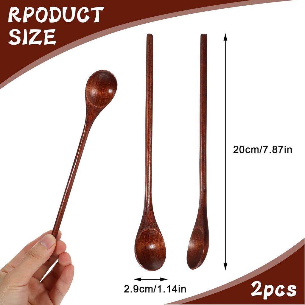 2 PCS Wooden Spoons for Honey, Long Handle Mixing Wooden Spoon 7.8 Inch Honey Spoons Matcha Spoon for Stirring Brown Cocktail Stirrer Mixing Teaspoon for Home Kitchen Bar Restaurant