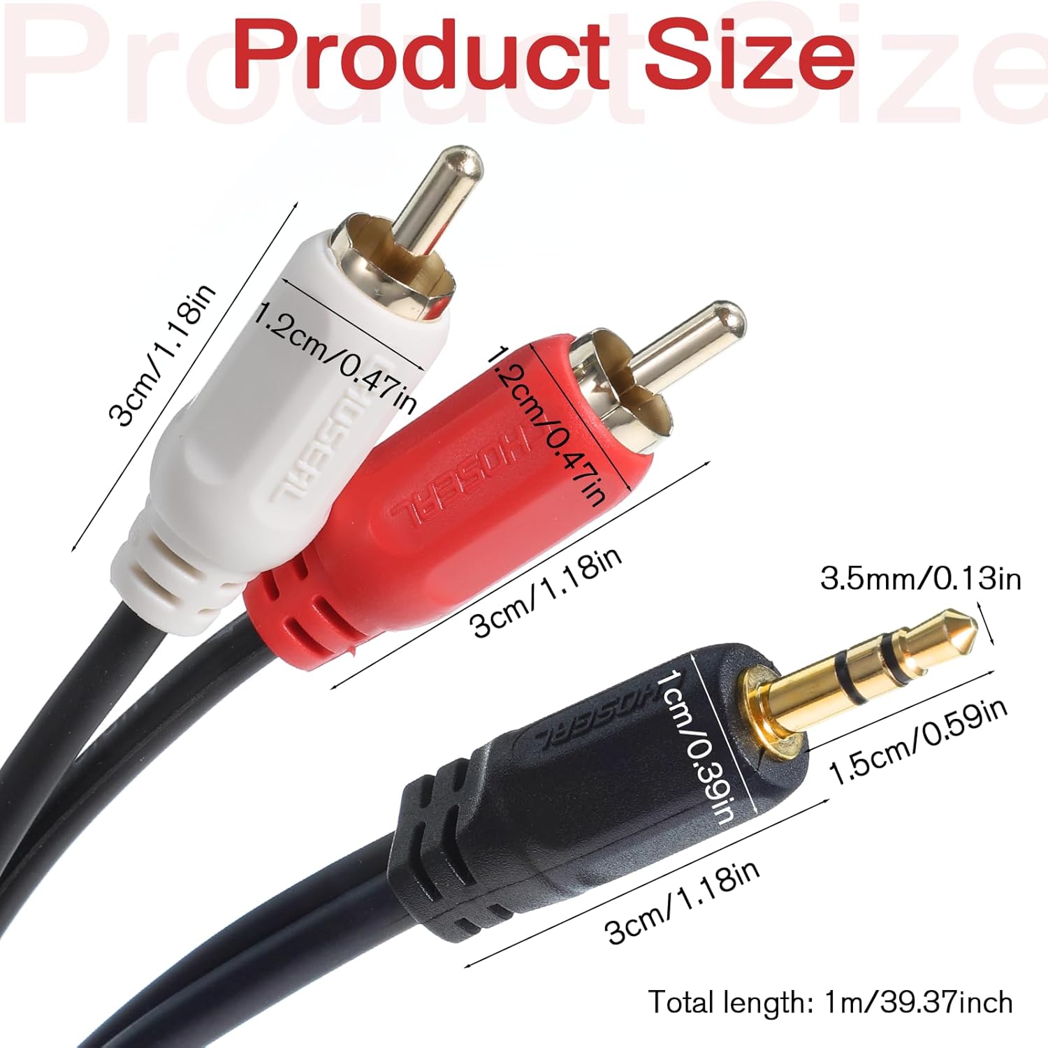 3.5 mm to 2RCA Audio Cable, 3.2 ft/1 m Gold-Plated Plug Stereo Y Splitter Cord, Aux to RCA Cable Audio Jack Adapter for Home Theater, Speakers, TV, Subwoofer, Smartphone, MP3/MP4, DVD Player
