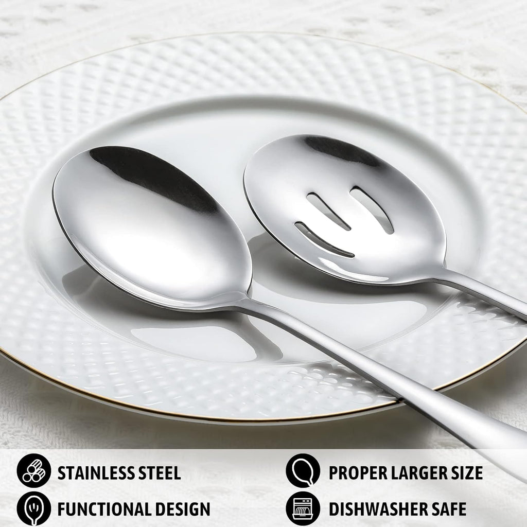 8-Piece Serving Set - Includes 4 Spoons and 4 Slotted Spoons, 18/8 Stainless Steel Buffet Utensils - Mirror Polished, Dishwasher Safe, 8.6-Inch