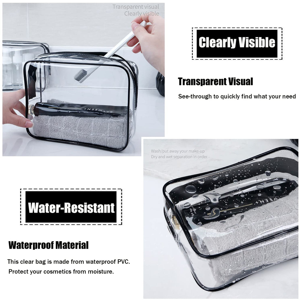 MODENGKGJIAN TSA Approved Toiletry Bag, 3 Pcs Clear Toiletries Bags Quart Size Travel Makeup Cosmetic Bag for Women Men, Carry  Airport Airline Compliant Bag (Black)