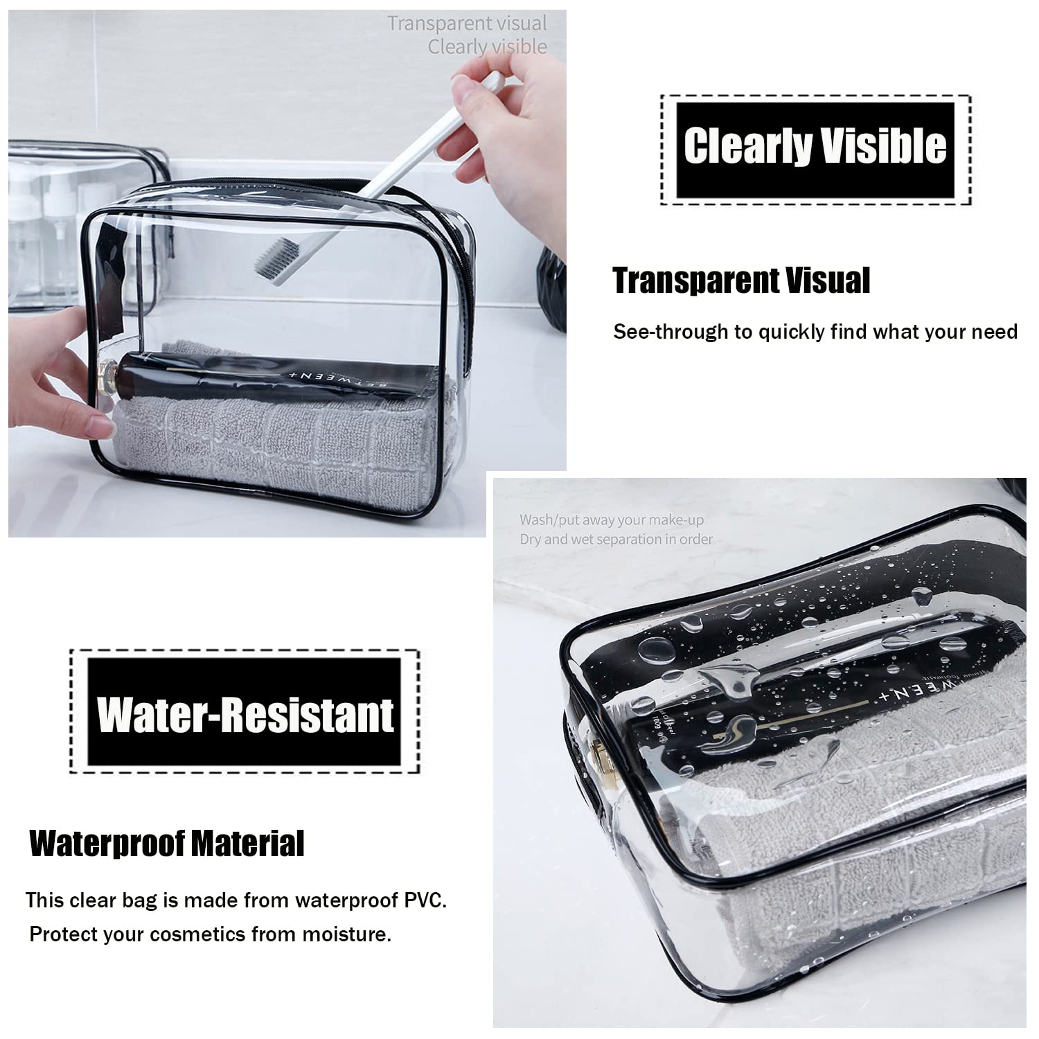 MODENGKGJIAN TSA Approved Toiletry Bag, 3 Pcs Clear Toiletries Bags Quart Size Travel Makeup Cosmetic Bag for Women Men, Carry  Airport Airline Compliant Bag (Black)