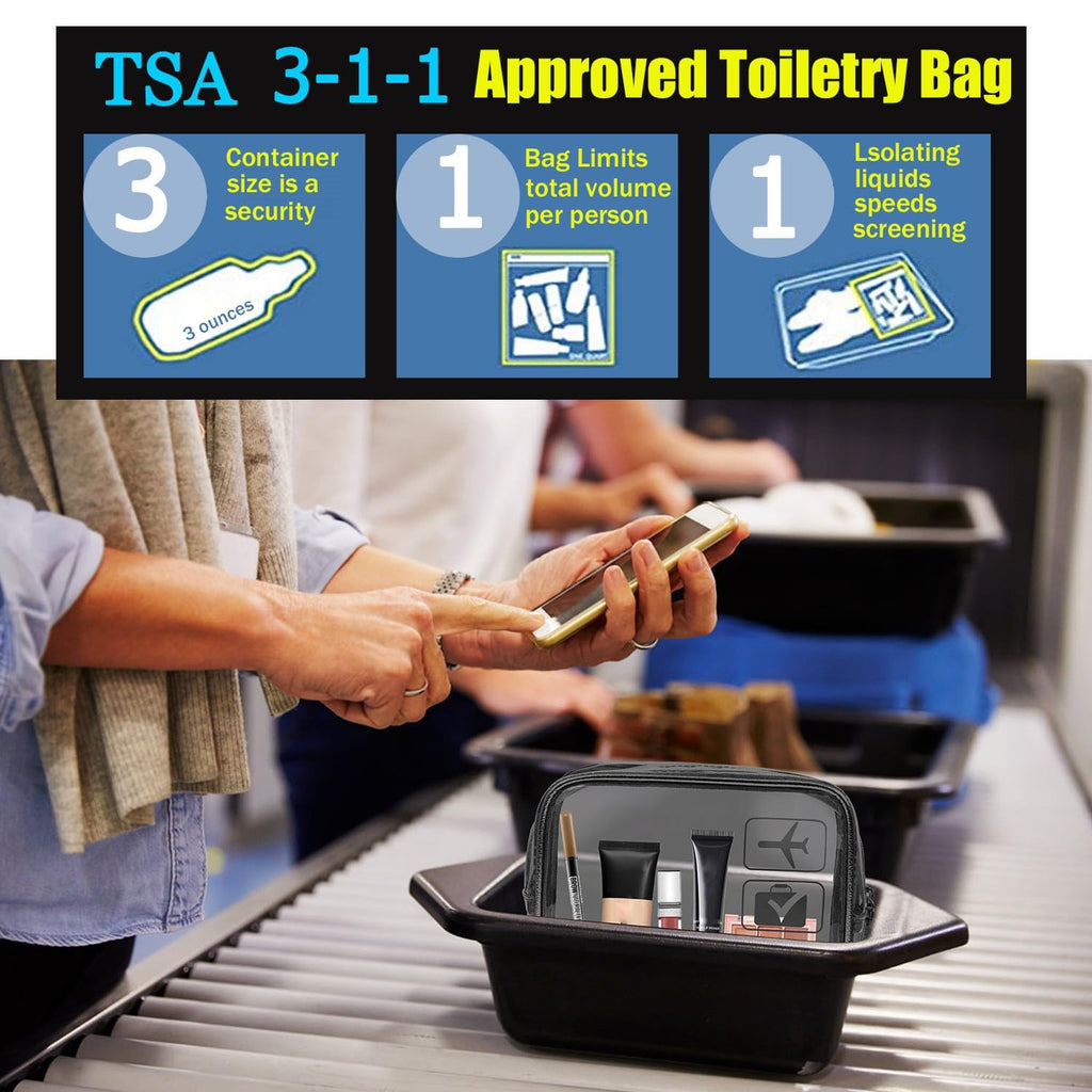 MODENGKGJIAN TSA Approved Toiletry Bag, 3 Pcs Clear Toiletries Bags Quart Size Travel Makeup Cosmetic Bag for Women Men, Carry  Airport Airline Compliant Bag (Black)