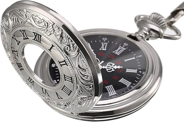 Vintage Pocket Watch Steel Men Watch with Chain (Silver)