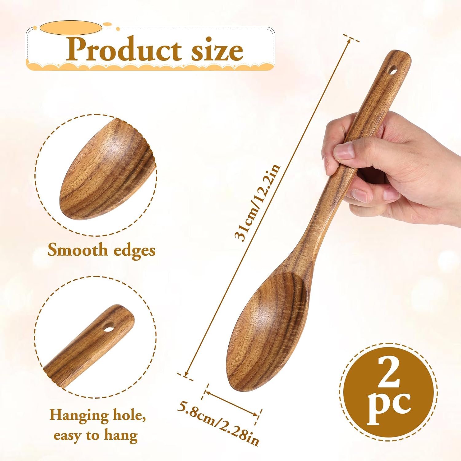 Wooden Cooking Spoons, 2 Pcs Natural Acacia Wood Serving Spoons, 12 Inch Large Mixing Spoon Wood Kitchen Utensil for Mixing, Baking, Serving and Stirring, Comfort Grip, Non-Stick Cookware Safe
