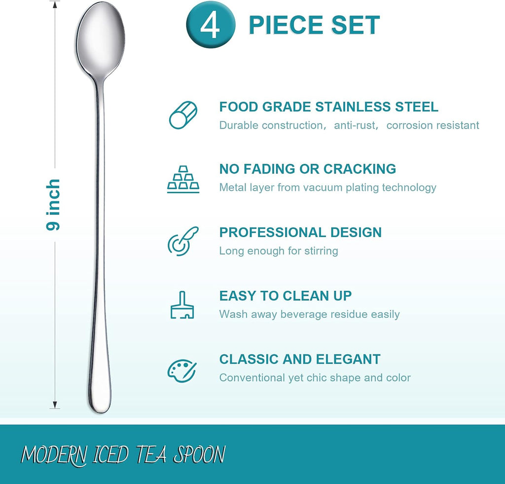9-Inch Long Handle Iced Tea Spoon, Coffee Spoon, Ice Cream Spoons, Stainless Steel Cocktail Stirring Spoons, Set of 4