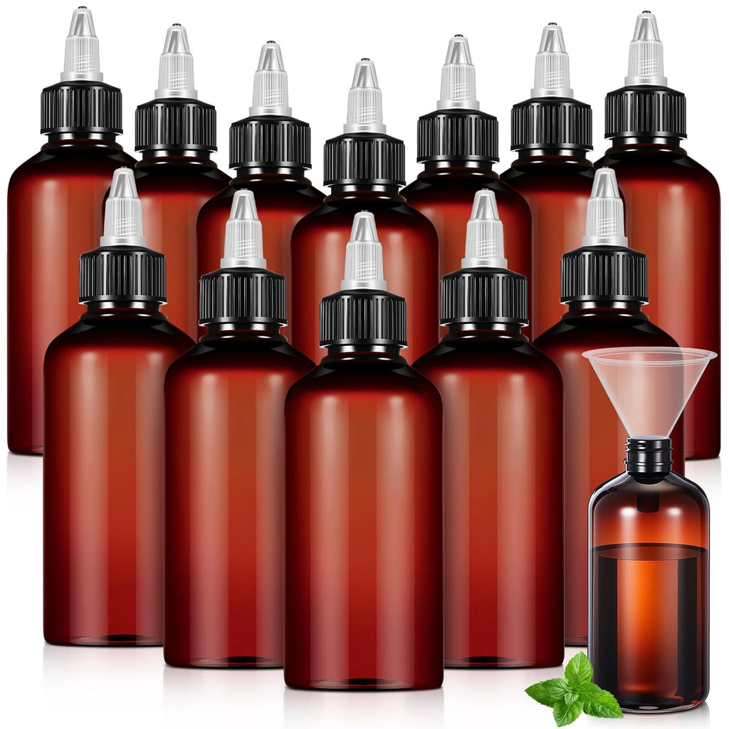 12 Pcs 8 oz Brown Squeeze Bottle Twist Top Applicator Empty Hair Oiling Bottle with Funnels Refillable Plastic Liquid Containers for Liquid Hair Oil Shampoo Lotion