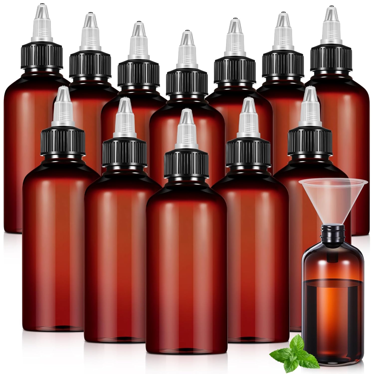 12 Pcs 8 oz Brown Squeeze Bottle Twist Top Applicator Empty Hair Oiling Bottle with Funnels Refillable Plastic Liquid Containers for Liquid Hair Oil Shampoo Lotion