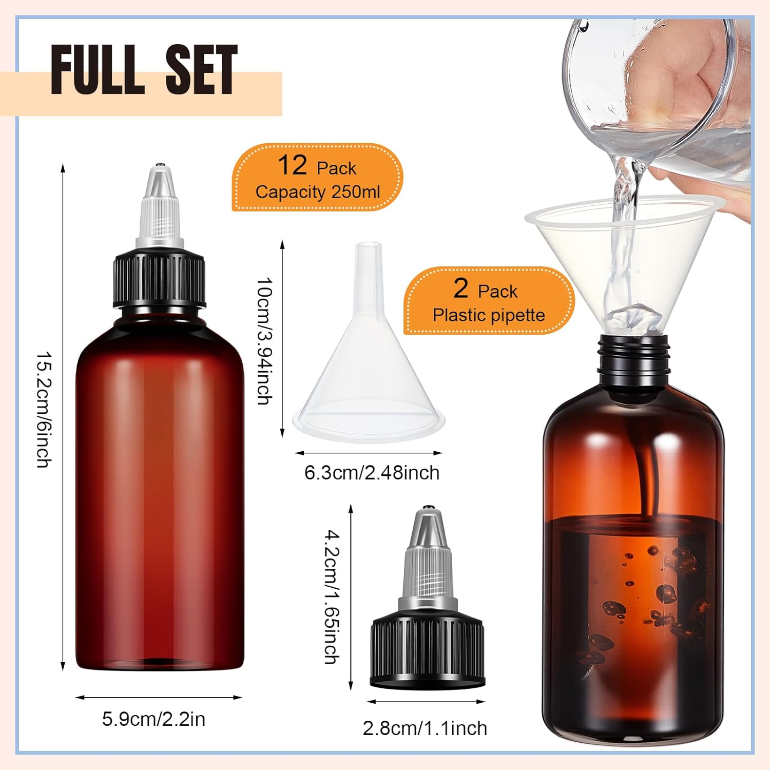 12 Pcs 8 oz Brown Squeeze Bottle Twist Top Applicator Empty Hair Oiling Bottle with Funnels Refillable Plastic Liquid Containers for Liquid Hair Oil Shampoo Lotion