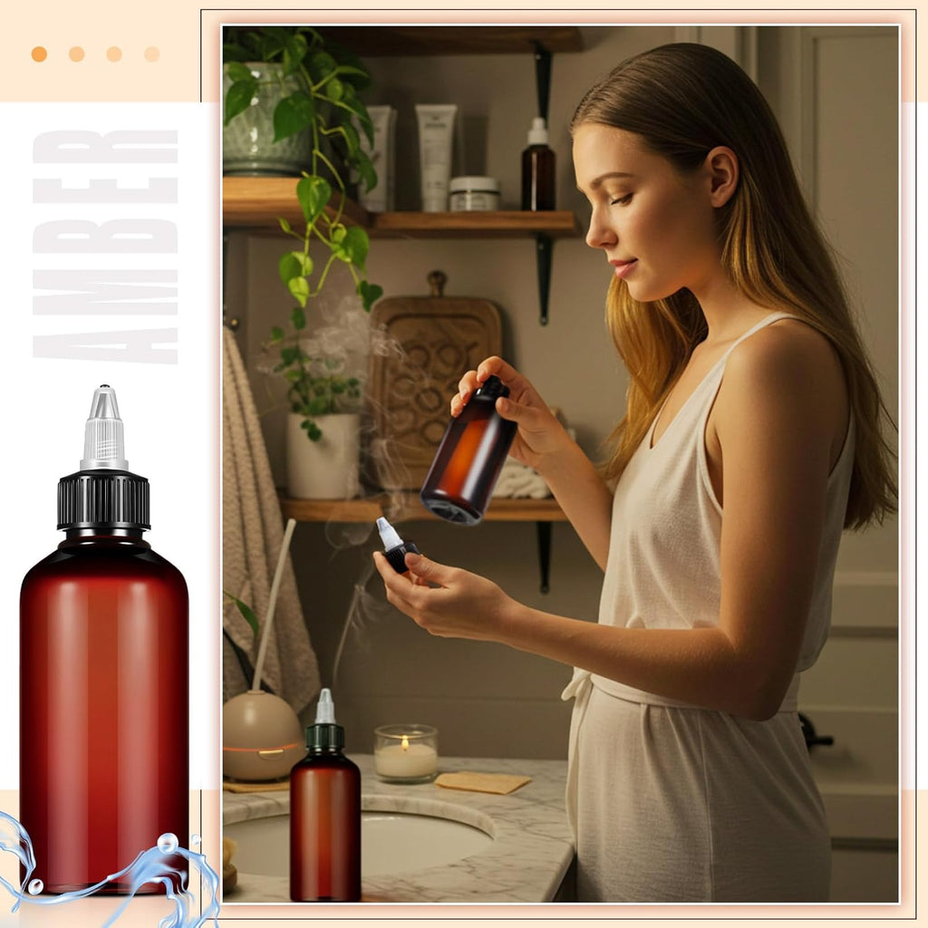 12 Pcs 8 oz Brown Squeeze Bottle Twist Top Applicator Empty Hair Oiling Bottle with Funnels Refillable Plastic Liquid Containers for Liquid Hair Oil Shampoo Lotion
