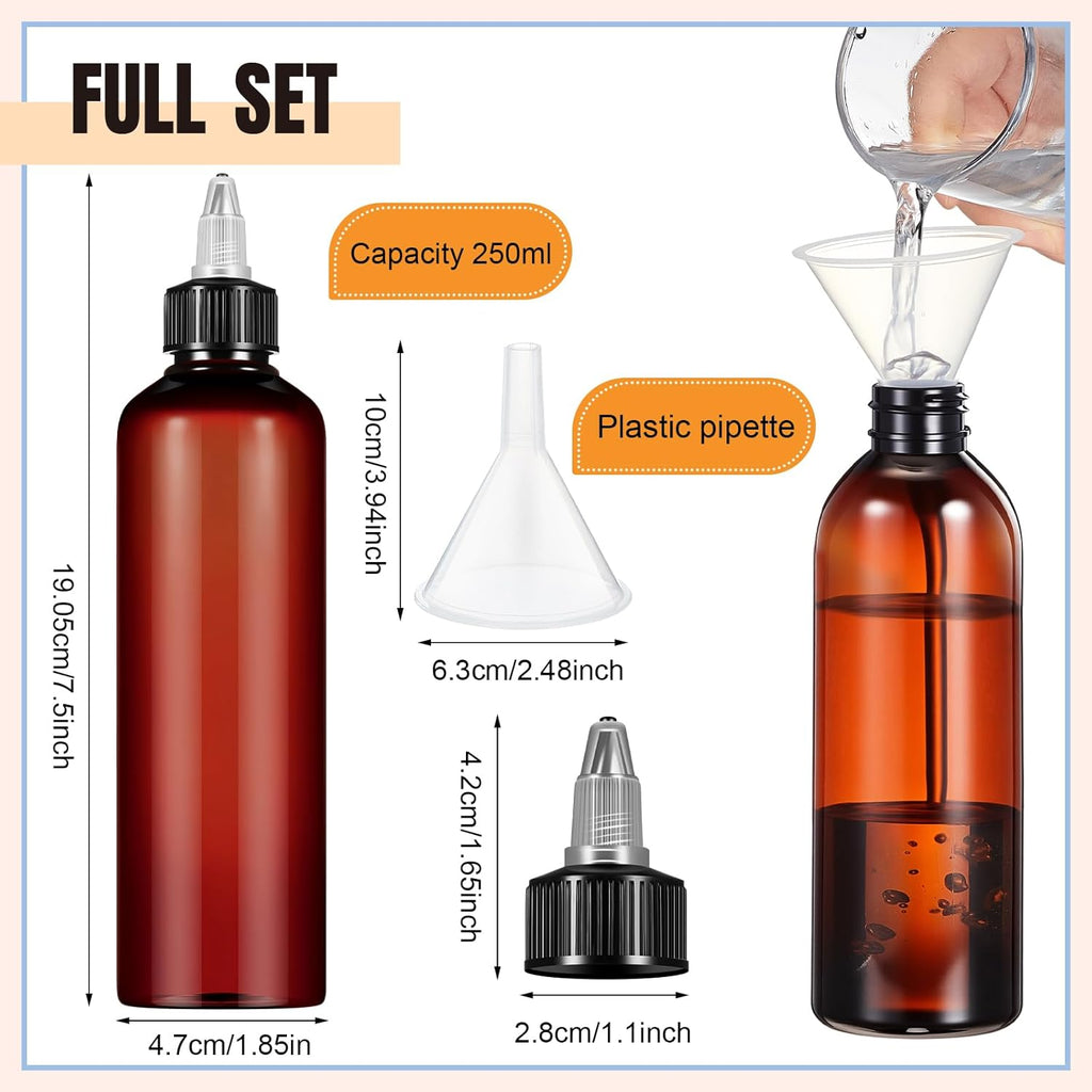 36 Pcs 8 oz Squeeze Bottle Twist Top Applicator Bottles Empty Hair Oil Bottle with Funnels Refillable Amber Plastic Bottles for Liquid Hair Oil Shampoo Lotion