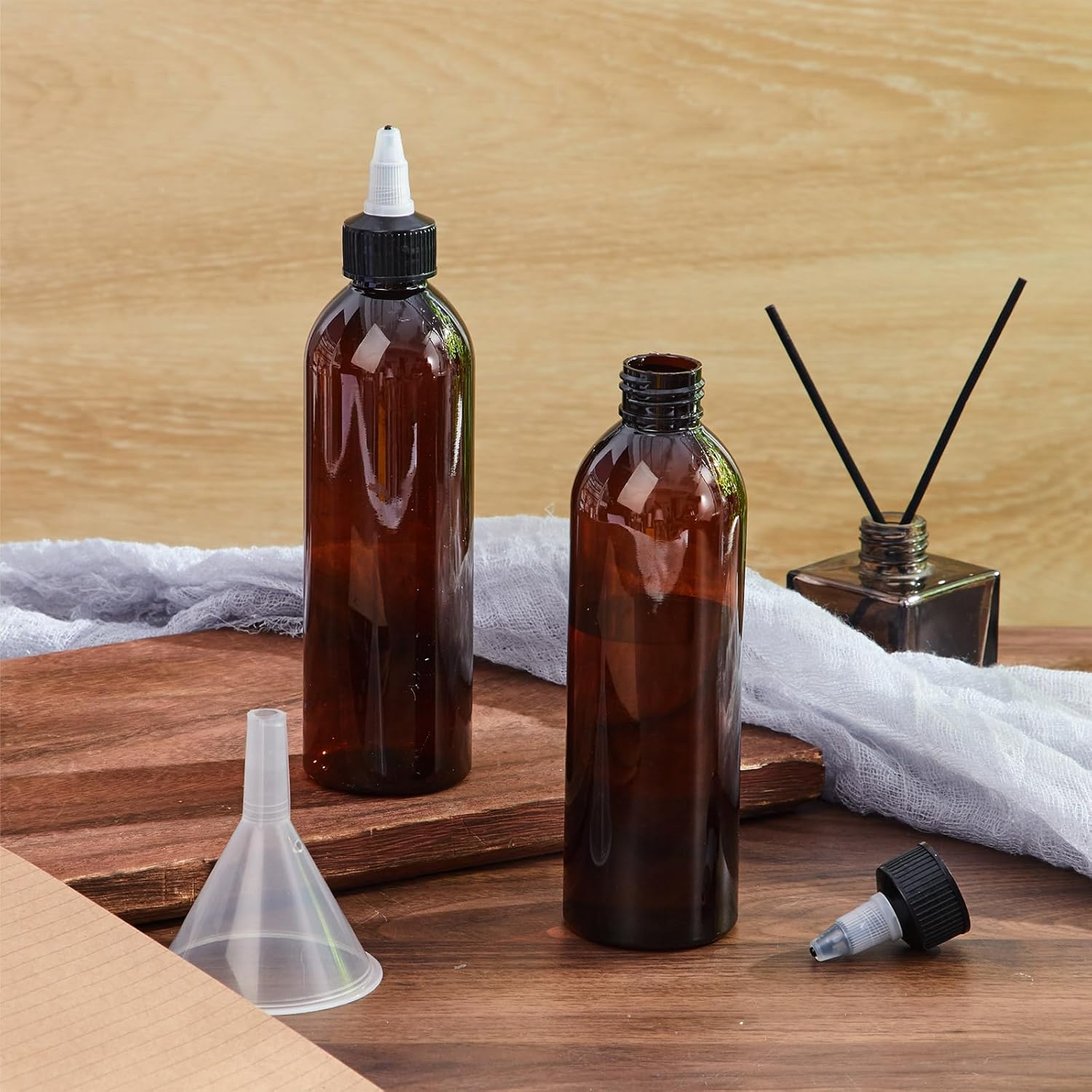 36 Pcs 8 oz Squeeze Bottle Twist Top Applicator Bottles Empty Hair Oil Bottle with Funnels Refillable Amber Plastic Bottles for Liquid Hair Oil Shampoo Lotion