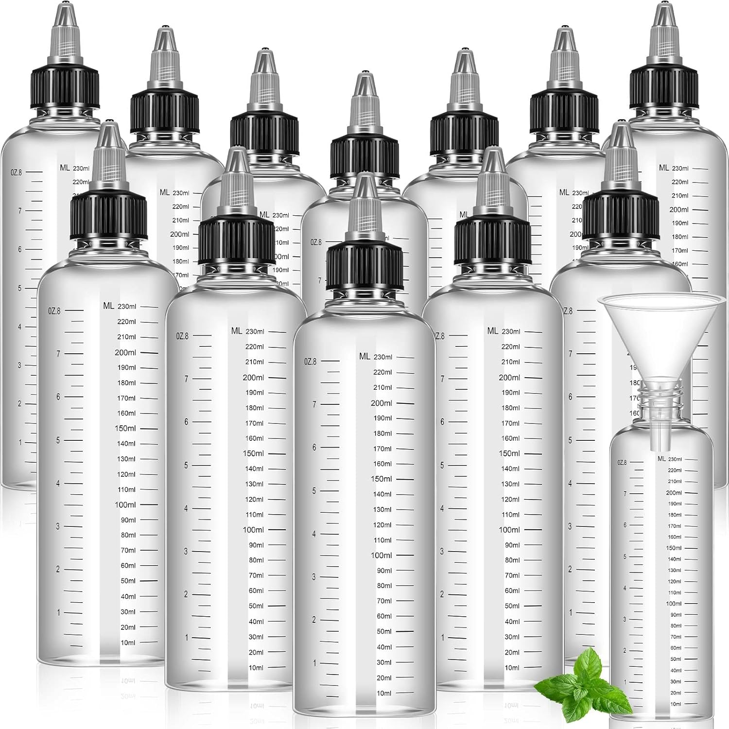 12 Pcs Twist Top Applicator Bottle 8 oz Hair Dye Bottle Hair Squeeze Bottle Applicator Hair Oil Container with Ratio Graduated Scale, Black Open Close Nozzle and 2 Funnels for Shampoo Lotion