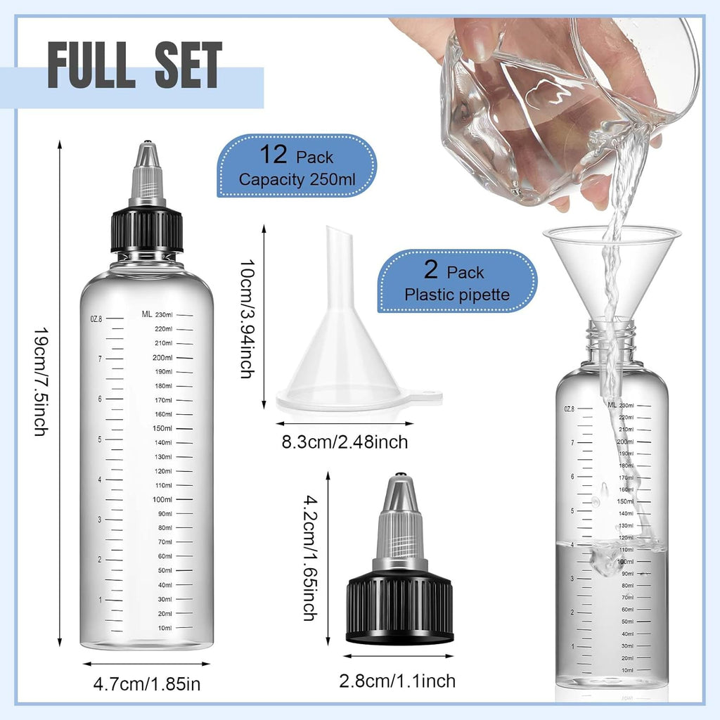 12 Pcs Twist Top Applicator Bottle 8 oz Hair Dye Bottle Hair Squeeze Bottle Applicator Hair Oil Container with Ratio Graduated Scale, Black Open Close Nozzle and 2 Funnels for Shampoo Lotion