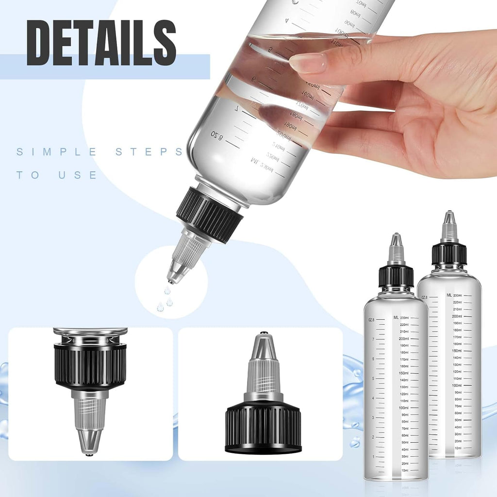 12 Pcs Twist Top Applicator Bottle 8 oz Hair Dye Bottle Hair Squeeze Bottle Applicator Hair Oil Container with Ratio Graduated Scale, Black Open Close Nozzle and 2 Funnels for Shampoo Lotion