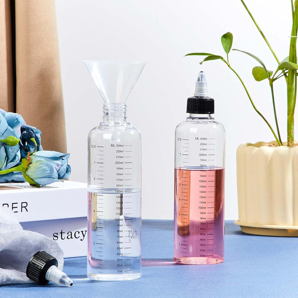 12 Pcs Twist Top Applicator Bottle 8 oz Hair Dye Bottle Hair Squeeze Bottle Applicator Hair Oil Container with Ratio Graduated Scale, Black Open Close Nozzle and 2 Funnels for Shampoo Lotion