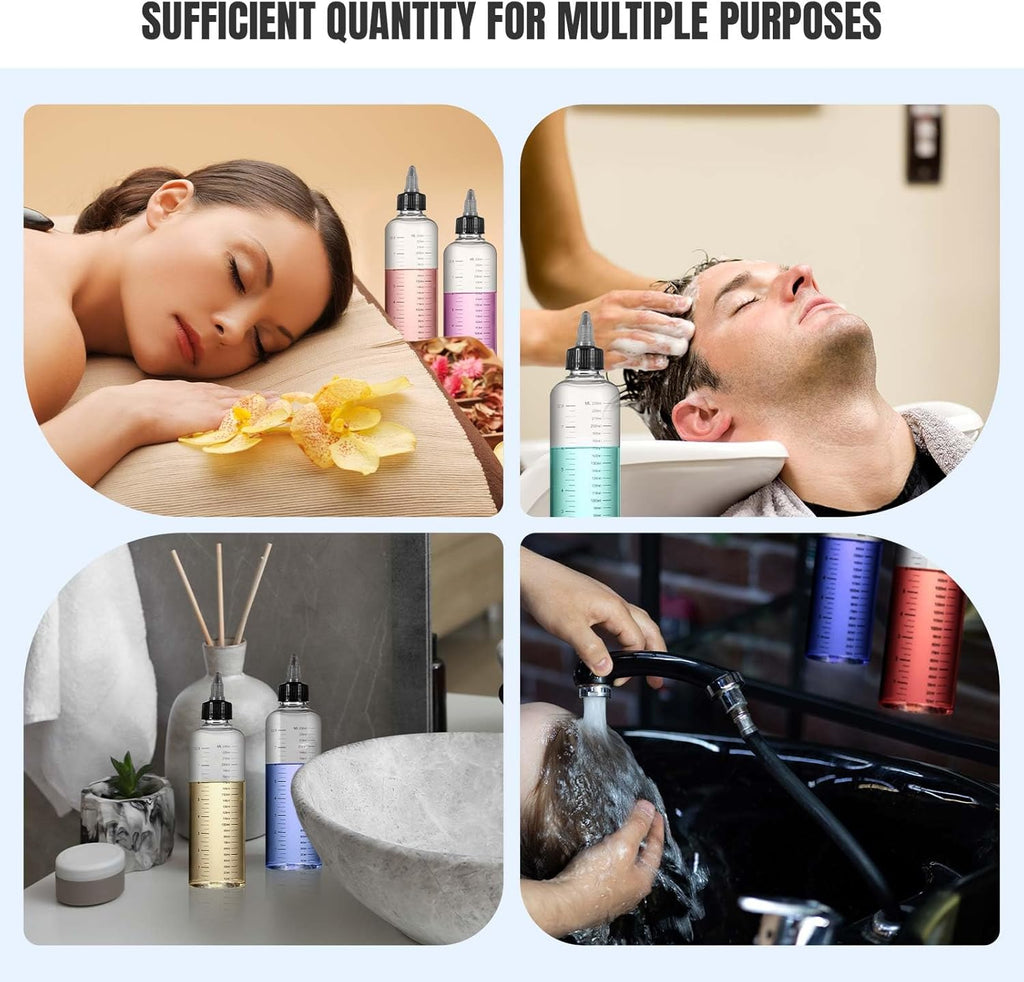 12 Pcs Twist Top Applicator Bottle 8 oz Hair Dye Bottle Hair Squeeze Bottle Applicator Hair Oil Container with Ratio Graduated Scale, Black Open Close Nozzle and 2 Funnels for Shampoo Lotion