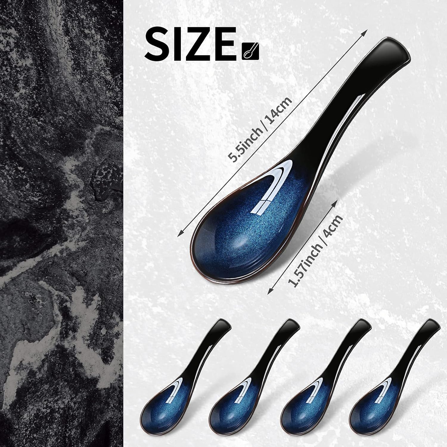 4 Pieces Asian Ceramic Soup Spoons Set Long Handle Chinese Spoons Retro Blue Japanese Ramen Bowl Soup Spoon Suitable for Gravy, Cake, Oatmeal, Dumplings