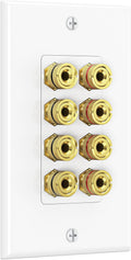 Speaker Wire Wall Plate, Gold Plated Speaker Wall Plate with Banana Plug Binding Post for 4 Speakers, White