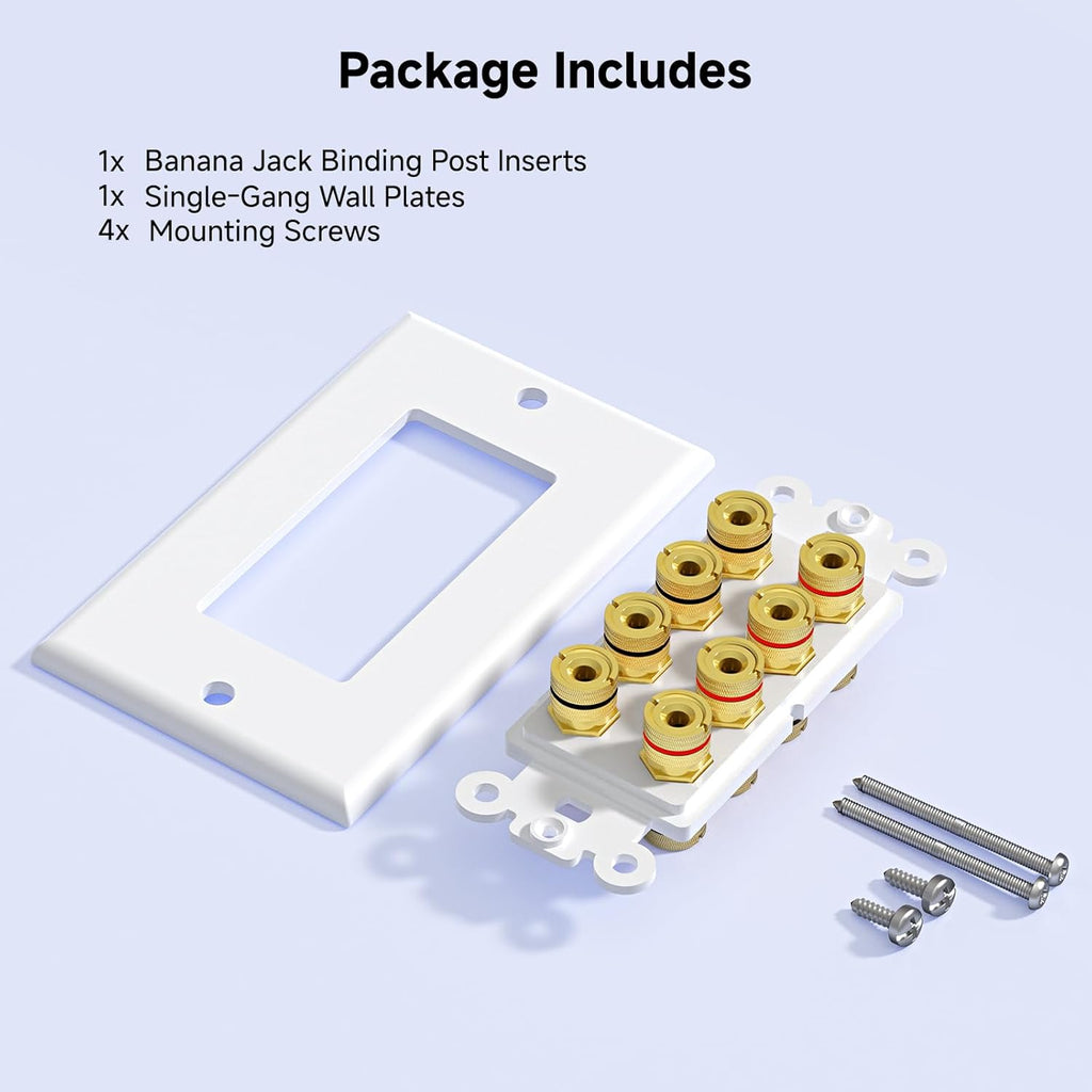 Speaker Wire Wall Plate, Gold Plated Speaker Wall Plate with Banana Plug Binding Post for 4 Speakers, White